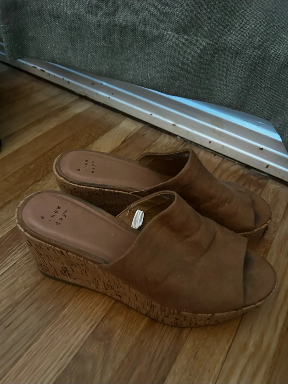 a new day Tan Suede Cork Platform Wedge Slides